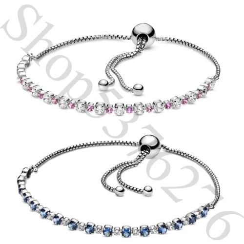Real 925 Sterling Silver Blue Pink & Clear Sparkle Sliding Fashion Bracelet Fit Pandora Women Bead Charm Bangle Gift DIY Jewelry