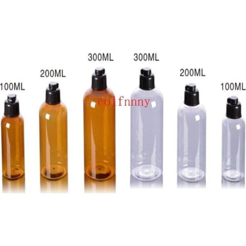 250pcs/lot Fast Shipping 100ml 200ml 300ml Clear/Amber Cosmetic Bottles with Black Flip Top,luxury cosmetic PET plastic bottles