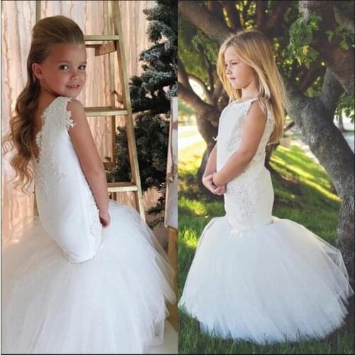 White Mermaid Flower Girls Dresses for Wedding Party Trumpet Little Girl Pageant Communion Dresses robe fille mariage