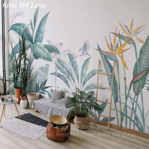 White and pale green plants hand drawing wall paper mural on the wall wholesale for living room wallpapers