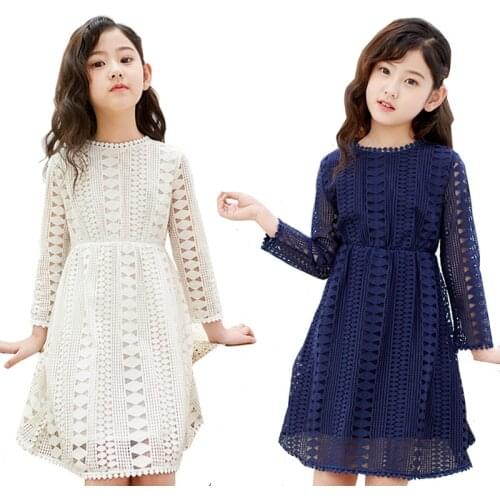 White Dresses For Girl Spring/Summer Wedding Party Lace Dress Kids Long Sleeve Clothing For Teen Girl 4 6 8 10 12 14 16 Years