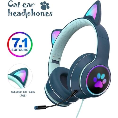 Cat Ear Gaming Wired Headsets With Dual Mic 7.1 Channel Stereo RGB Lighting Child Girl Headphones For PS4/Phone/PC Earphone Gift