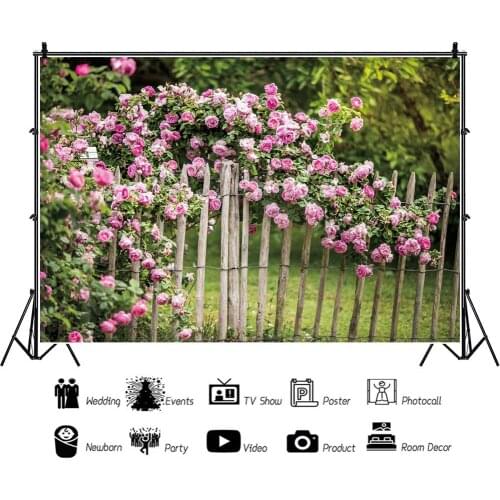 Beautiful Fence Pink Rose Flower Meadow Portrait Photography Backdrop Decor Photo Background Studio Photocall Props