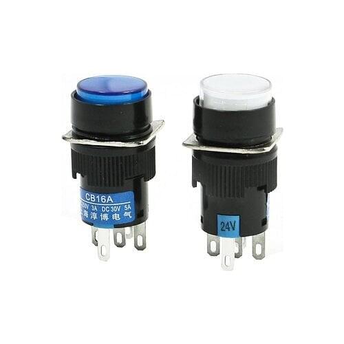 NO NC White Blue Lamp 5 Pin Latching Round Push Button Switch DC 24V