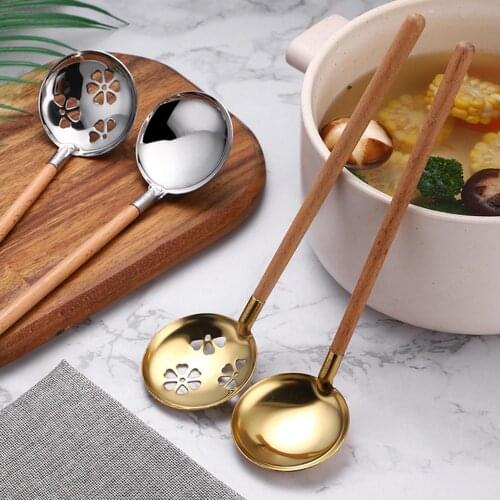 Stainless Steel Soup Spoon Colander Long Wood Handle Cooking Strainer Kitchen