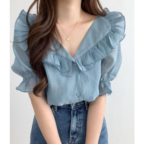 Sweet Style Ruffles Chiffon Women Shirts Summer New 2021 Turn-Down Collar Solid Elegant All Match Female Outwear Tops