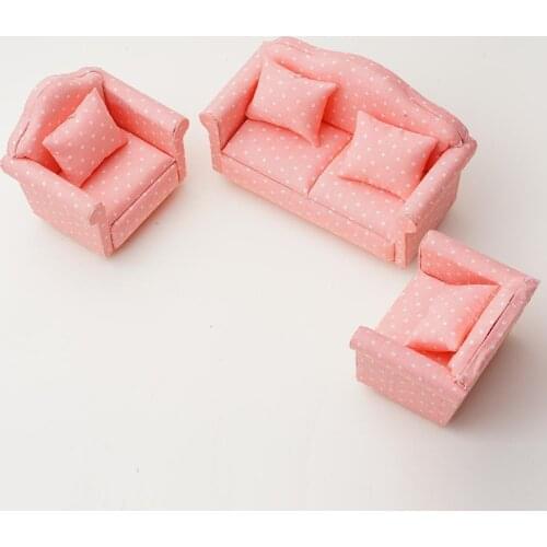 1:12 Mini Pink Cute Sofa Furniture Toys Set Complete Wooden Sofa Double Sofa Single Sofa Dollhouse Accessories Home Decoration