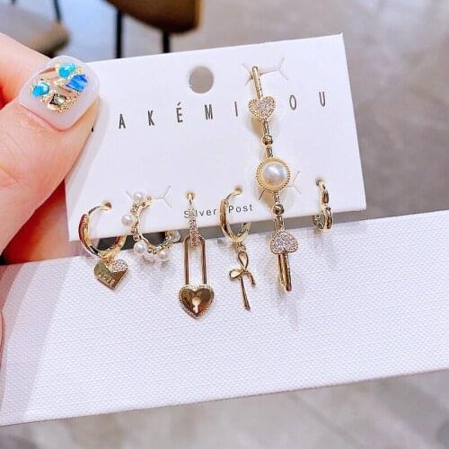 Trendy 6pcs Mixed Bowknot Heart Dangle Earrings with Ear Cuff Gold Color Cubic Zircon Women Earrings Jewelry