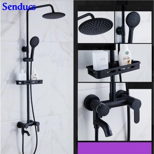 Senducs Black Bathroom Shower Set Quality Brass Bath Shower System with Black Shower Holder Round Top Shower Black Set