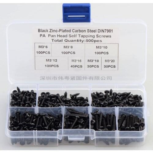 Black Pan Head Tapping Screws Set M3*6/8/10/12/16/18/20 Carbon Steel Laptop Computer Screw Phillips Screw Kit 500 Pcs/set