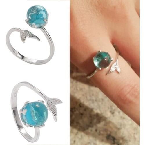 LNRRABC 1PC Seaside 2018 New Arrival Allergy Free Gifts Unique Adjustable Silver Blue Crystal Exquesite Mermaid Bubble Open Ring