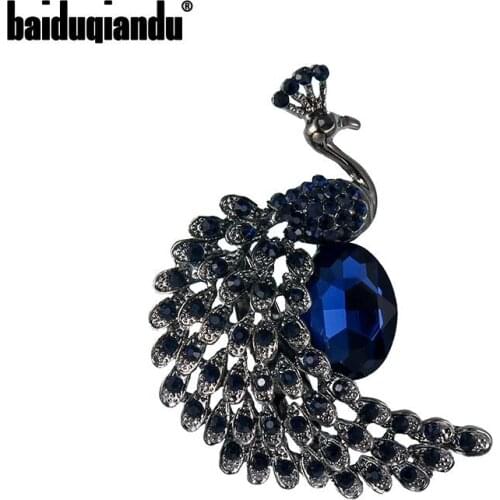 Baiduqiandu Brand New Arrival Antique Silver Color Plated Blue Crystal Peacock Vintage Brooch Pins