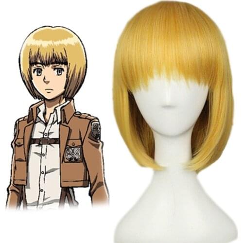 Attack On Titan Armin Arlert Short Silky Straight Boys Shaggy Layered Yellow Bob Synthetic Cosplay Wig+ Wig Cap