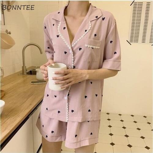 Pajama Sets Women Simple Print Lovely Summer Big Size Sweet Turn-down Collar Womens Homewear Chic Mujer Soft Schoolgirls Pyjamas