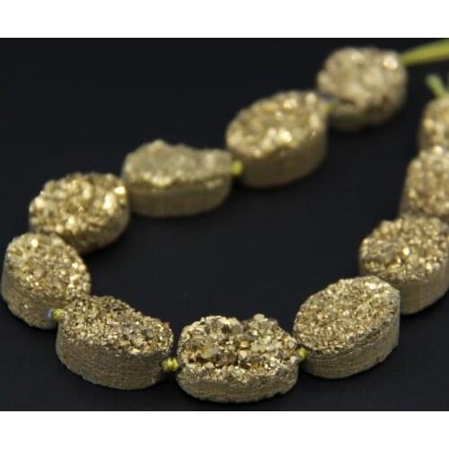 Approx11PCS/strand Natural Quartz Geode Drusy Oval Slab Nugget Beads,Gold Titanium Roug Agates Crystal Druzy Slice Pendant