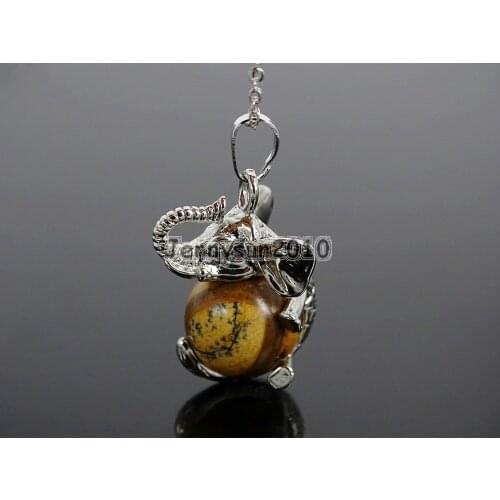Natural Picture Jas-per Gems Stone Round Ball Chakra Healing Elephant Pendant Necklace Beads Healing Jewelry Design 10Pcs/Pack