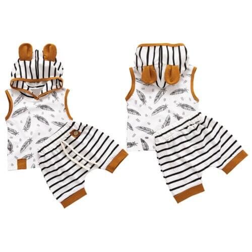 Pudcoco 2pcs Toddler Baby Boy Girl Clothes Hooded T-shirt Vest Tops+Striped Shorts Pants Casual Outfits Set Clothes Tracksuit