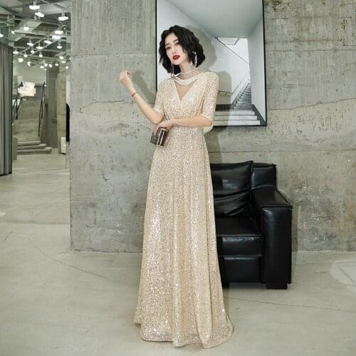 Sexy Sequins Zipper Half Sleeve Evening Dress Wedding Formal Party Gown Robe De Soiree Vestido De Noche Cheongsam