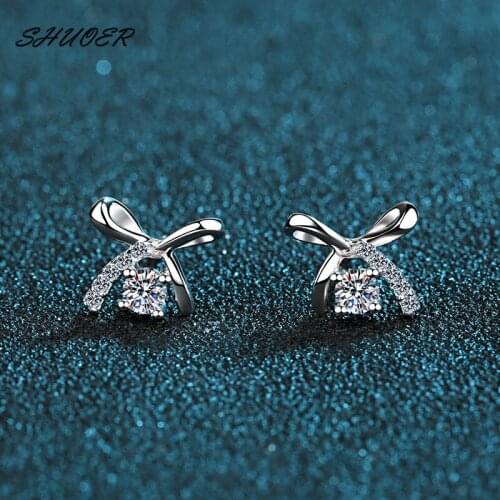 Classic 925 Silver Brilliant Cut 0.1 Carat Pass Diamond Tester D Color Moissanite Cute Bow Stud Earrings for Girls Party Jewelry