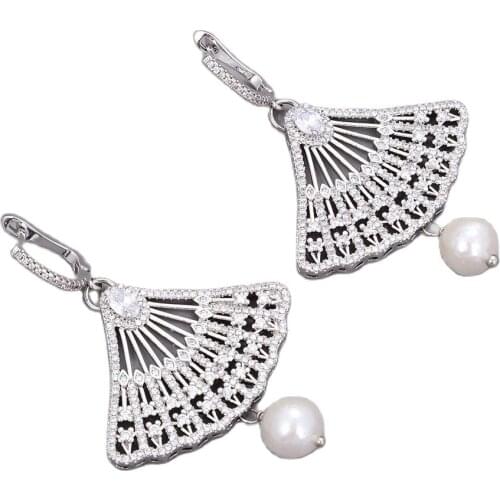 JK 10x11mm White Keshi Pearl White Gold Plated Fans CZ Paved Earrings