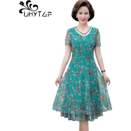 UHYTGF Fashion Women Dresses Short Sleeve Floral Chiffon Summer Dress Female Temperament Mother Plus Size Clothes Vestido 2043