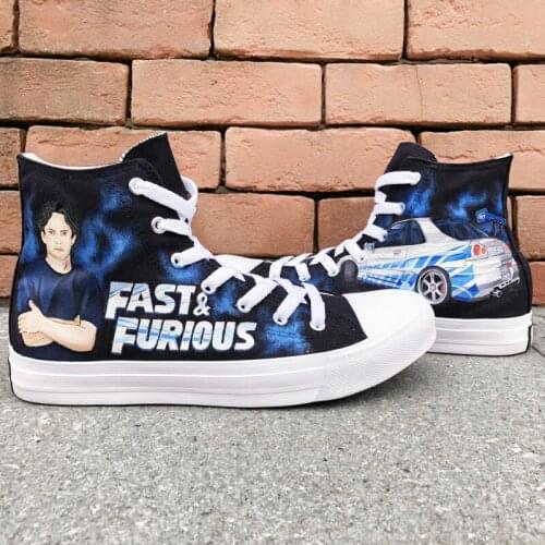 Wen Black Shoes Hand Painted Design Fast & Furious High Top Men Womens Canvas Sneakers Custom Athletic Shoes Lace up Plimsolls