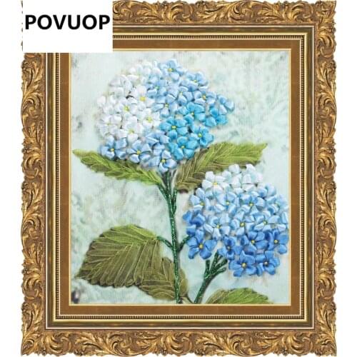 POVUOP Ribbon embroidery 20X24cm new arrival fashion flower blue dream 3d print cross stitch paintings