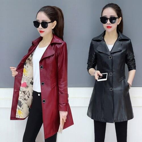 Womens Plus Size Single Breasted Spring Women Leather Jackets Female Long Womens Coats Slim PU Leather Outerwear Windbreaker