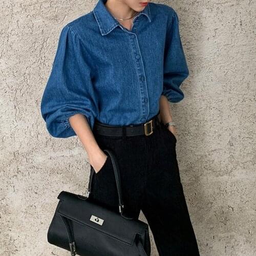 Women Y2k Fashion Blue Denim Blouse Indie Vintage Shirt Mujer Fall 2021 Collar Puff Sleeve Short Jeans Blousa Tops Chic Female