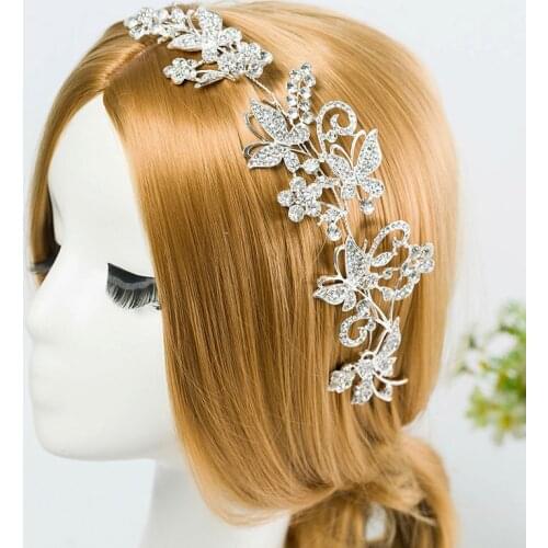 Luxury Wedding Bridal Hair Accessories Butterfly Flower Metal Tiara Headband Silver Plated Crystal Hair Vine Tiara for Women