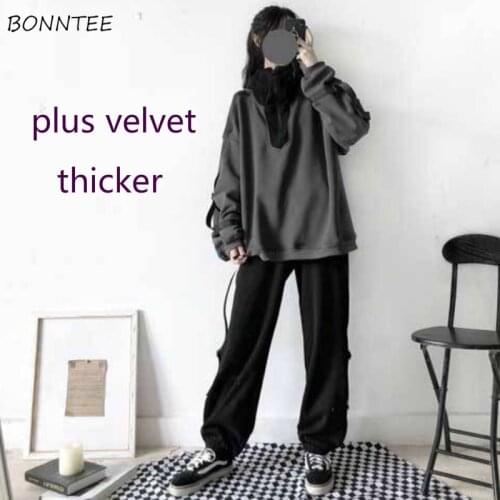 Sets Womens 2 Piece Thicker Plus Velvet Warm Hooded Top Cargo Trousers Loose Fashion College Winter Female Korean Style Casual