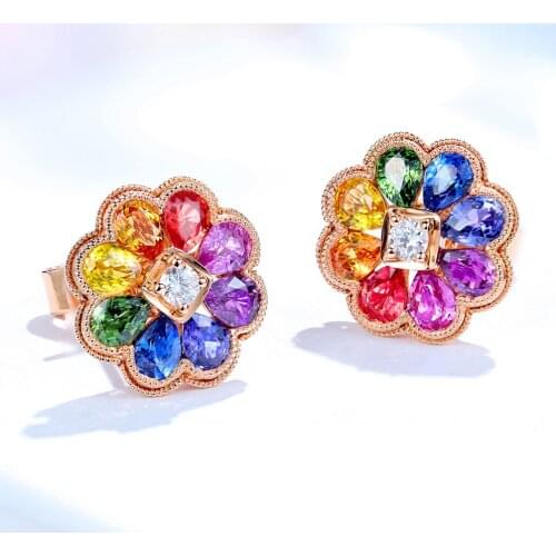 Rainbow Flower Multicolor Crystal Zircon Diamond Gemstones Stud Earrings for Women Rose Gold Color Fine Jewelry Chic Accessories