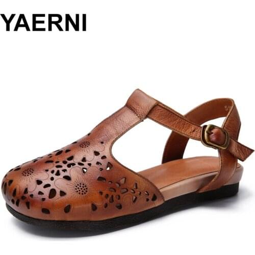 YAERNI Original Handmade Retro 2018 New Spring and Summer Sandals Leather Hollow Buckle Flat women Sandals E506