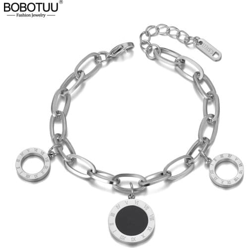 BOBOTUU Vintage Roman Numerals Charm Bracelet Titanium Stainless Steel Bohemia Acrylic Chain & Link Bracelets For Women BB20117