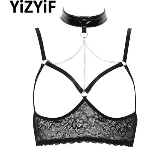 Womens Open Cups Bra Sexy Exotic Role Play Costume See Through Sheer Lace Lingerie Halter Neck Open Cups Wire-free Bra Top
