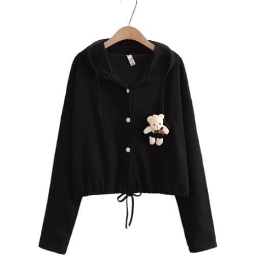 Harajuku Bear Appliques Kawaii Crop Tops Single-breasted Hoodies Sweatshirt Women 2021 Autumn Long Ladies Drawstring Cotton Top