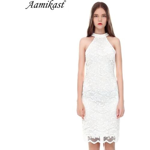 Aamikast Womens Elegant Backless Wedding Party Sexy Night Club Halter Neck Sleeveless Sheath Bodycon Lace Dress
