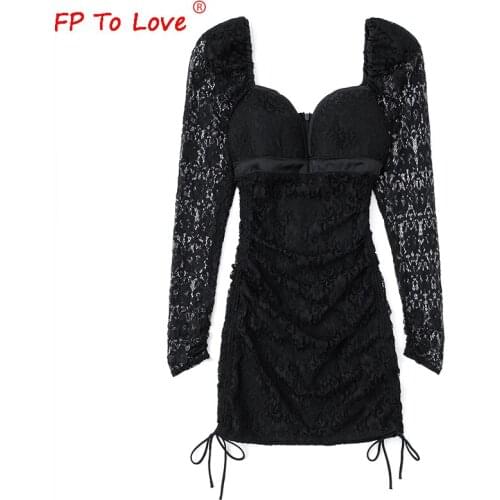 FP To Love Za Woman Black Lace Mini Dress Sexy Club Date Night Out Long Puff Sleeves 2021Spring Autumn Hollow Out Bandage V-NecK