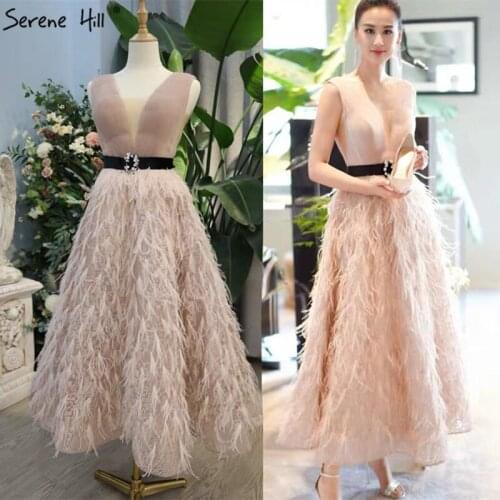 Sleeveless A-Line Ankle-Length Evening Dresses 2020 Pink V-Neck Sexy Feathers Sashes Formal Gown Serene Hill BLA70367