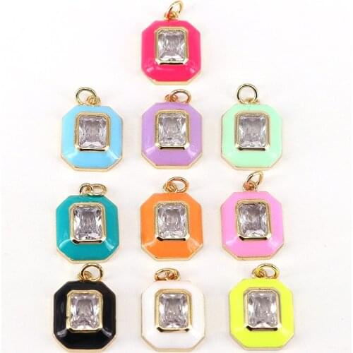 10Pcs Square Shape Enamelled Zircon Charms For Jewelry Making, Colorful Neon Charms, Gold Plated Crystal Accessories