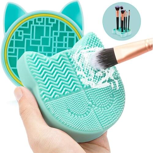 2 in 1 Silicon Cat Shaped Brush Cleaner Pad with Cosmetic Brush Organizer Rack Portable Fast Cleaning Washing Tool for Makeup