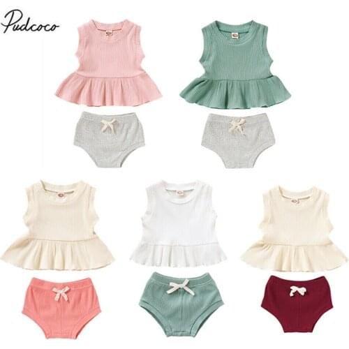 2020 Cotton 2pcs Newborn Baby Girl Clothes Ruffle T-shirt Top Dress+Solid Pants Shorts Summer Outfit Cute Girls Clothing Set