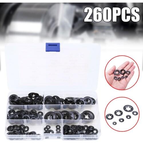 260pcs 7 Sizes Star Nut Push-on Locking Washer Metal Starlock Locking Washer Fastener Assorted Mixed Box Kit for Furniture Auto