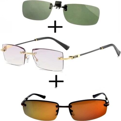 3Pcs!!! Rimless Frameless Luxury Reading Glasses for Men Women + Polarized Sunglasses Alloy Sports Driving + Sunglasses Clip