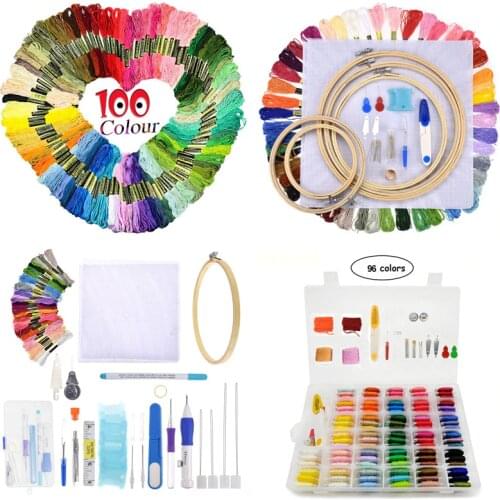8 Styles Cross Stitch Floss Embroidery Kits 50/100/150pcs Colorful Embroidery Threads Embroidery Hoop Punch Needle Pen Set