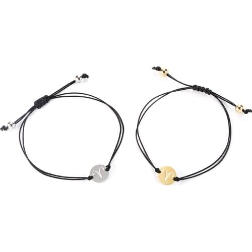 Gold Color Zodiac Couple Bracelet for Women Handmade Stainless Steel Charm Black Rope Anklet Gifts Friendship Jewelry with Card