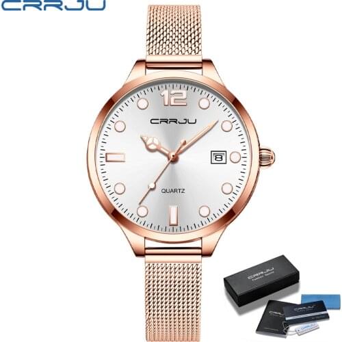 Women Dark light Watch CRRJU Womans Fashion Big Face Quartz Waterproof Wristwatch Rose Gold Mesh Ladies watch relogio feminino