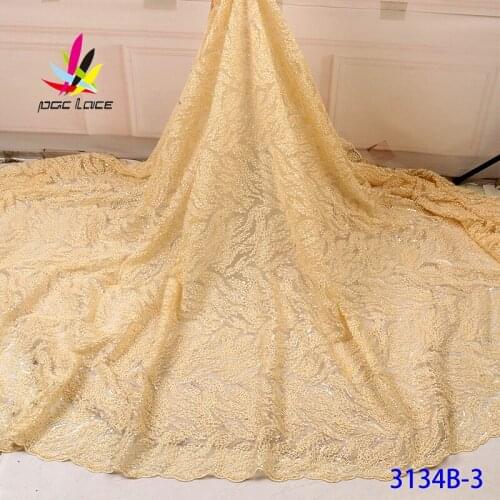 Champagne Gold Lace Fabric Sequined Yellow Sequins Sequence African Wedding Dress French High Quality 2020 Latest Design