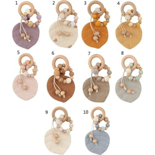 Baby Wooden Teether Ring with Leaves Shape Absorbent Cloth Towel Blanket Rattle Beads Molar Toy Nursing Soother Newborn Infant