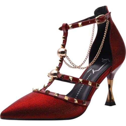 Design dress sandals women pumps female fairy style with skirt cherry 2020 summer new black high heels with thin rivets shoes